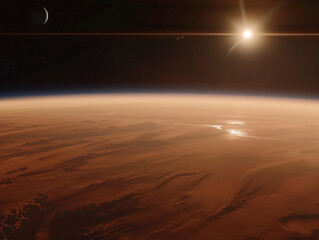 Poster - A stunning view of the Martian landscape with a glowing sun rising over the horizon, showcasing the beauty of outer space and planetary exploration.