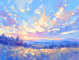 Poster - A beautiful sunset scene over rolling hills, painted with soft pastels and blended colors, creating a tranquil and serene landscape for art appreciation.