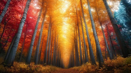 Poster - forest in autumn with trees of various colors, their crowns intertwining against the bright sky.image