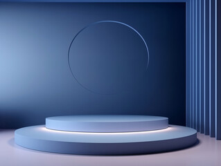 Poster - A minimalist stage design featuring circular platforms and a smooth blue backdrop, emphasizing simplicity and elegance for presentation themes.