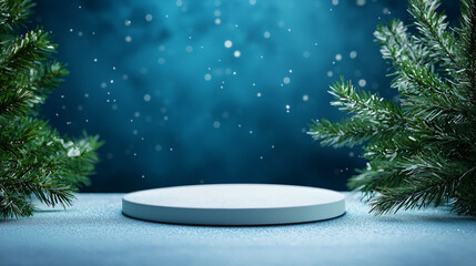 Poster - serene Christmas backdrop featuring illuminated podium surrounded by evergreen branches