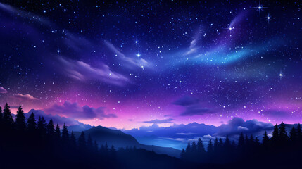 Poster - A stunning night sky filled with stars and clouds in shades of purple and blue, set over a silhouette of mountains, creating a magical landscape.