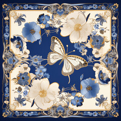 Poster - An intricate floral design featuring a butterfly surrounded by blue flowers on a dark background, showcasing elegance and beauty for decorative themes.