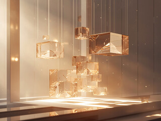 Poster - A beautiful arrangement of hanging glass cubes reflecting light in a softly lit environment, creating a modern and elegant atmosphere for design themes.