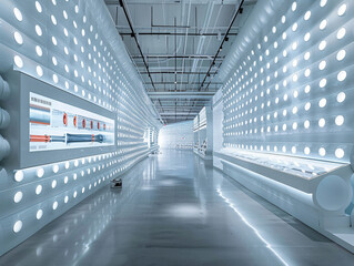 Poster - A bright, white corridor with round lights lining the walls, creating a futuristic and clean environment for modern architecture themes.