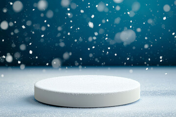 Poster - simple winter podium with light snowfall creates serene atmosphere