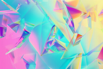 Poster - Abstract illustration featuring colorful, translucent geometric shapes and fragments in shades of pink, blue, and green creating a vibrant composition for graphic design.