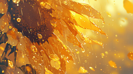 Poster - A close-up of a sunflower with glistening droplets, illuminated by sunlight, highlighting the vibrant colors and textures of nature for floral photography.