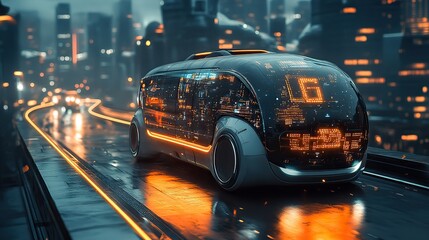 Poster - futuristic autonomous van moves along city highway, visualized by AI sensors scanning the road.stock photo