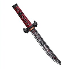 Ornate Japanese Sword with Red Wrapping