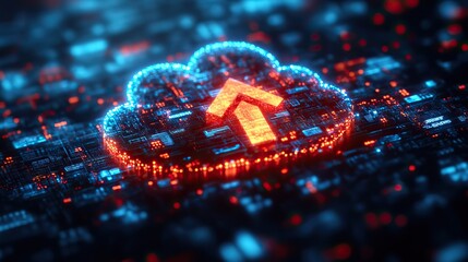 Aufkleber - futuristic cloud icon with an upward-pointing arrow highlights the growing trend of digital transformation in business and technology.