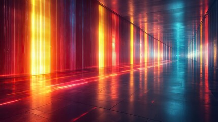 Poster - futuristic dark room with neon lines and reflections on the floor, creating digital display background ideal for modern illustration