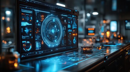 Poster - futuristic lab scene illuminated by blue light featurescircles and HUD elements for holographic product presentation.illustration