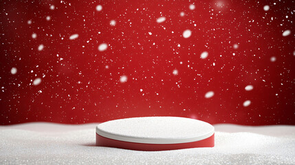 Poster - sleek red backdrop with simple podium surrounded by snowy elements creates festive atmosphere