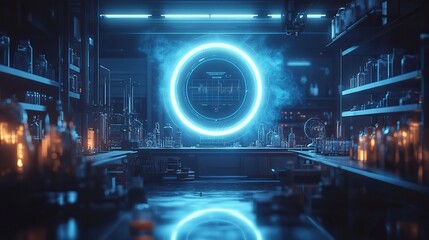 Poster - futuristic lab scene illuminated by blue light featurescircles and HUD elements for holographic product presentation.image