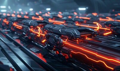 Poster - Futuristic Assembly Line with Advanced Robotics Producing Electronic Devices at Lightning Speed