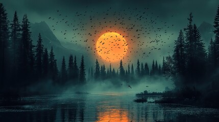 Poster - gloomy landscape with birds in the sky, foggy forest, and moonlight creating an eerie atmosphere.stock photo