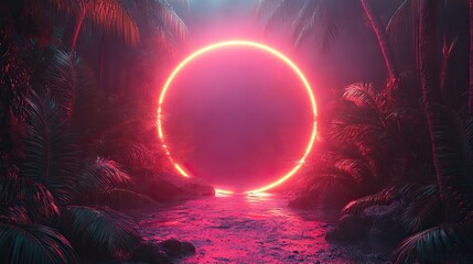 Aufkleber - glowing neon frame surrounded by palm branches, symbolizing summer disco or jungle party, ideal for vibrant invitations or banners with space for personalized text.