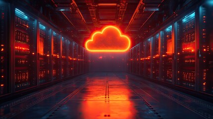 Poster - glowing orange cloud icon in rendered server room illustrates global cloud storage and dat transfer within digital infrastructure.image