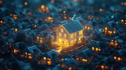 Poster - glowing white house stands in the middle of dark houses, representing unique property in AI illustration.image
