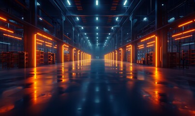 Poster - Sprawling Industrial Warehouse with Autonomous Robots Manufacturing Large-Scale Equipment