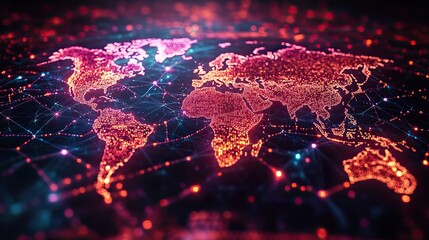 Poster - glowing world map with digital connections symbolizes global dat transfer and cyber technology in futuristic background.illustration
