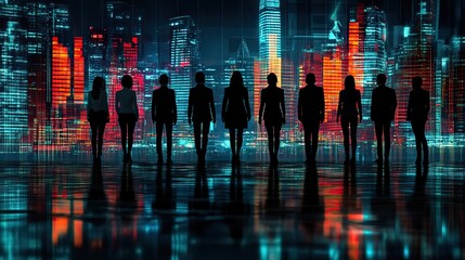 Poster - group of business professionals stand before an abstract digital background representing growth in technology company.illustration