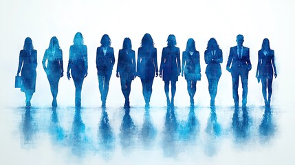 Poster - group of businesspeople standing in blue silhouette illustration, set against simple white background.stock photo