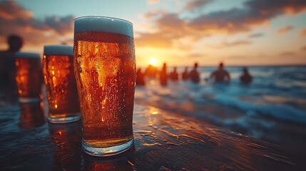 Poster - group of friends raising their beer cups in toast at an outdoor music festival, celebrating and enjoying the sunset.stock photo