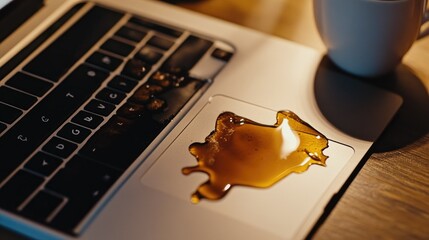 Aufkleber - Close-up of a coffee puddle on a laptop touchpad, dark coffee stain spreading.
