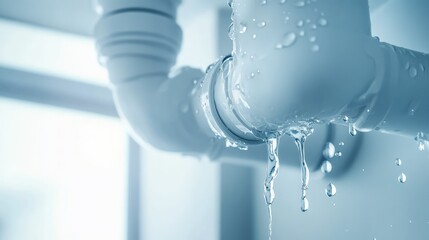 Poster - Leaking pipe joint in an apartment with water droplets, highlighting urgency for plumbing repair and maintenance