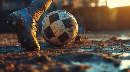 A close-up shot capturing a soccer player's foot connecting with a ball on a muddy field, highlighting the energy and excitement of the game.