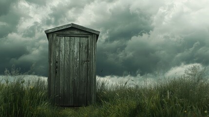 Poster - Old wooden outhouse with a creaky door, standing alone in a grassy field under cloudy skies.