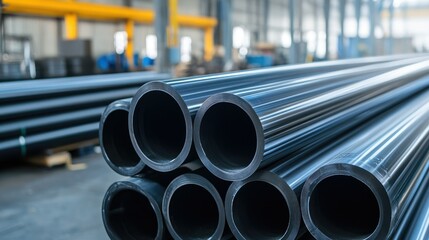 Poster - PE pipe stack in industrial setting, prepared for gas and water use, modern manufacturing background --ar 16:9
