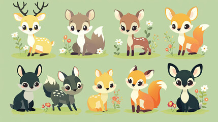  Illustrations of small animals in the forest, including deer, foxes, and rabbits