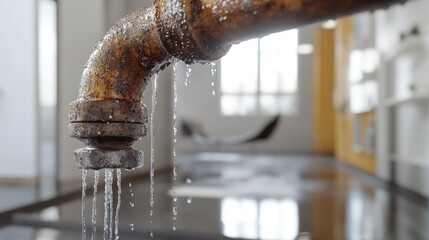 Aufkleber - Rusty pipe joint in a modern apartment with water dripping from a minor leak, close-up view to show droplets falling.