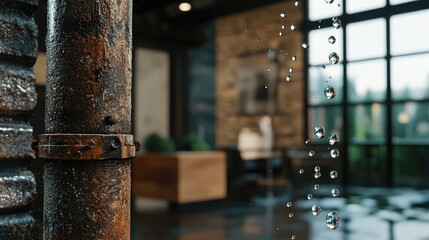 Aufkleber - Rusty pipe joint in a modern apartment with water dripping from a minor leak, close-up view to show droplets falling.