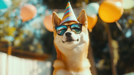 Shiba Inu in a colorful party hat and cool sunglasses, cheerful look, celebrating in style, outdoor setting