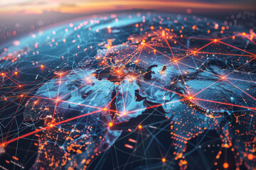 Poster - Map connecting worldwide data cloud computing tech concept abstract global transfer