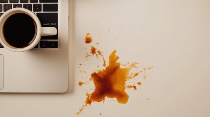 Poster - Top-down view of spilled coffee on a laptop with copy space and a coffee stain on the table.