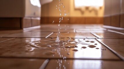 Aufkleber - Water droplets falling from a leaking pipe joint onto a tiled floor in an apartment bathroom.