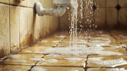 Aufkleber - Water droplets falling from a leaking pipe joint onto a tiled floor in an apartment bathroom.