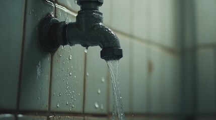 Aufkleber - Water slowly drips from a leaky pipe joint in a residential bathroom, with a focus on the droplets falling from the corroded joint.