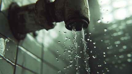 Aufkleber - Water slowly drips from a leaky pipe joint in a residential bathroom, with a focus on the droplets falling from the corroded joint.