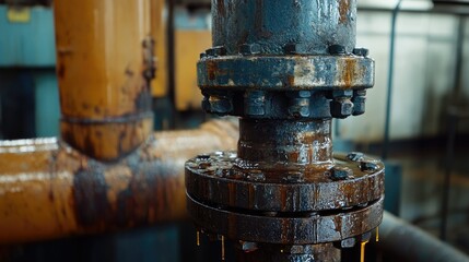 Poster - Worn-out oil pipe joint leaking in an industrial setting, close-up view with oil stains.