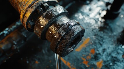 Poster - Worn-out oil pipe joint leaking in an industrial setting, close-up view with oil stains.