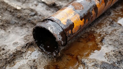 Poster - Worn-out oil pipe joint leaking in an industrial setting, close-up view with oil stains.