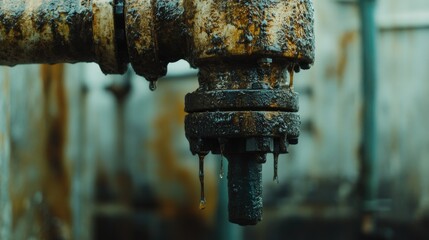 Poster - Worn-out oil pipe joint leaking in an industrial setting, close-up view with oil stains.