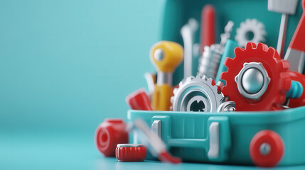 vibrant toolbox filled with various tools, including gears, wrenches, and screwdrivers, showcases colorful array of equipment for DIY projects. bright colors and organized layout evoke sense of