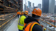 © Worakit - Construction workers in safety gear oversee bustling construction site, showcasing scaffolding and urban development. scene captures industrious atmosphere of city under construction